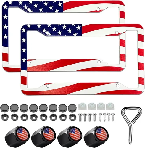 Marco de matrícula con bandera estadounidense, paquete de 2 marcos universales de aluminio para matrícula de automóvil patriótico con tornillos y