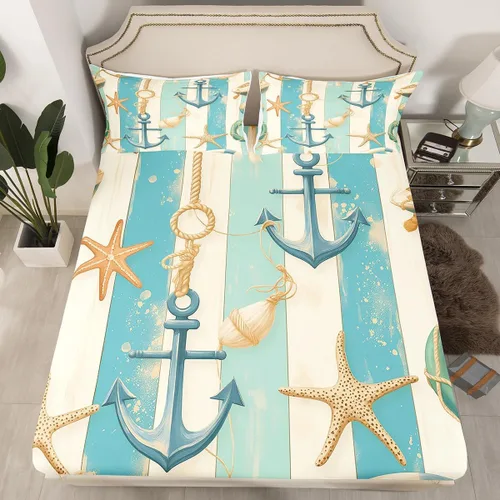 Miniatura 30 de Erosebridal Juego de sábanas bajeras de pulpo oceánico, tamaño individual, juego de ropa de cama temática de playa costera, decoración náutica