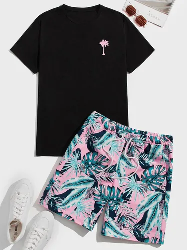 Miniatura 93 de GORGLITTER Conjunto de 2 piezas de camiseta gráfica de manga corta para hombre, estampado hawaiano con cordón y pantalones cortos