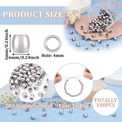 Miniatura 4 de Fashewelry - 100 cuentas espaciadoras de agujero grande de acero inoxidable en forma de barril de 6x6 mm, cuentas ovaladas de metal pulido liso