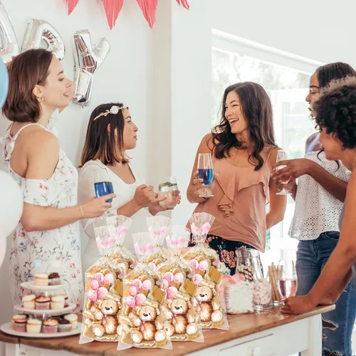 Miniatura 4 de Maitys 100 bolsas de celofán de oso para baby shower, bolsas de plástico para dulces con 100 lazos dorados, bolsas de regalo para revelación de Rosa