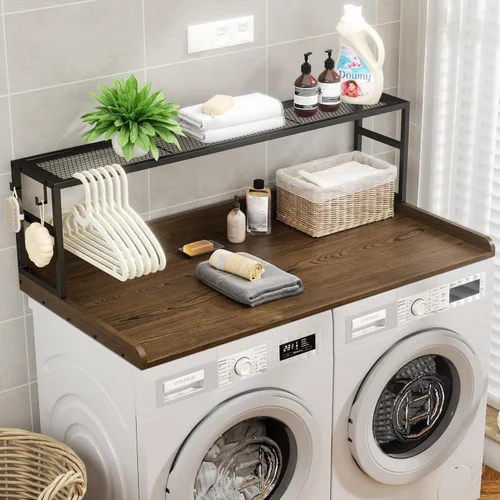 Miniatura 3 de Encimera para Lavadora y Secadora con Estante, Superficie Superior para Lavadora y Secadora, Encimera de Madera Maciza para Lavadoras y Secadoras