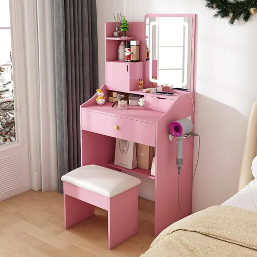 Miniatura 13 de Escritorio pequeño con espejo y luces, mesa de tocador de maquillaje con toma de corriente, 3 cajones y 4 estantes y taburete, juego de tocador
