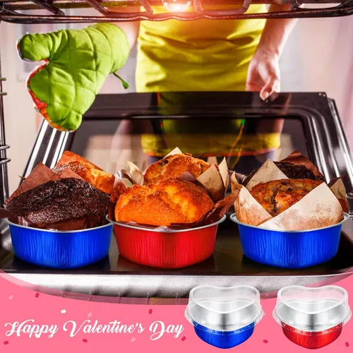 Miniatura 8 de Honeydak 100 juegos de moldes para hornear con forma de corazón, mini molde de aluminio de 3.4 onzas, lata desechable para cupcakes con tapas