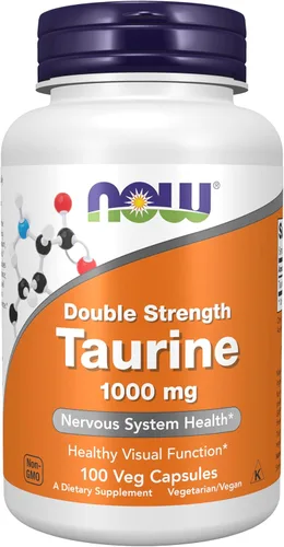 Suplementos NOW, taurina 1,000 mg, doble fuerza, salud del sistema nervioso*, 100 cápsulas vegetales