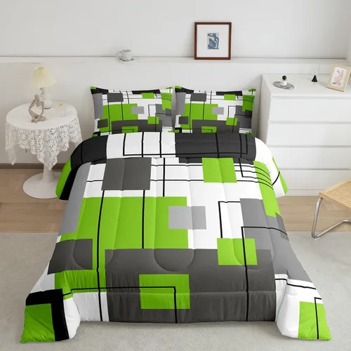 Miniatura 25 de Juego de edredón de geometría abstracta, tamaño individual, negro, gris, verde, geométrico, cuadrado, para niños, niñas, adolescentes, juego