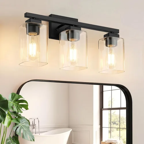 BesLowe Lámpara de baño de 3 luces de 19 pulgadas, moderna lámpara de tocador negra, accesorios de iluminación de baño sobre espejo, lámpara de
