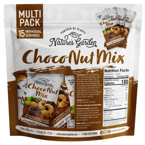 Miniatura 2 de Nature's Garden Mezcla de Choco nueces, pasas cubiertas de chocolate, mezcla de nueces, almendras, anacardos, sin colesterol, sin sodio, sin