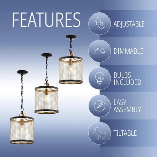 Miniatura 5 de JONATHAN Y JYL9530A - Farol colgante de hierro con 1 luz, color negro y dorado de 10 pulgadas, luz colgante de tambor contemporáneo para isla