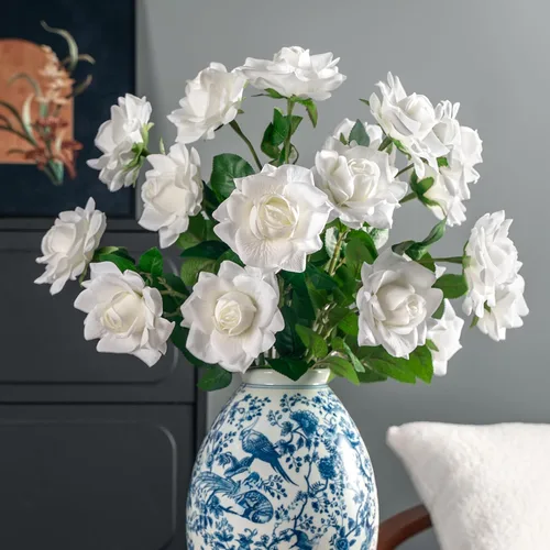 Flores artificiales, rosas artificiales, rosas falsas de 23.2 pulgadas de tallo largo, flores artificiales para jarrón alto, rosa de seda, 20 Blanco