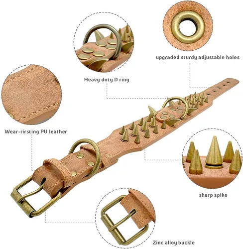 Miniatura 6 de Collar de perro de cuero con púas de 2 pulgadas, remache afilado antimordidas para perros Pit Bull medianos y grandes, cuello marrón para 14-19