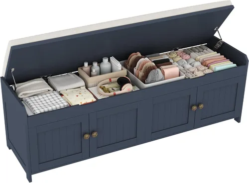 Miniatura 13 de HOMEFORT Banco para Zapatos de 30" con Almacenamiento de Tapa Elevable, Banco de Entrada con Asiento Acolchado, Banco de Madera para Pie de Cama