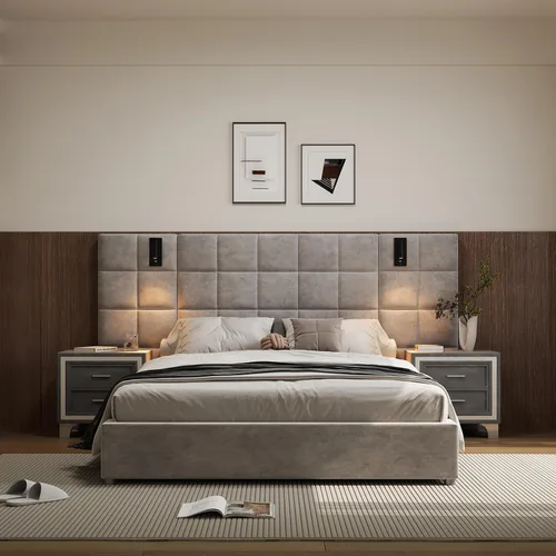 Base de cama de plataforma Queen con cabecero, elegante cama tapizada de terciopelo con cabecera acolchada con patrón de cuadrícula, 2 apliques de