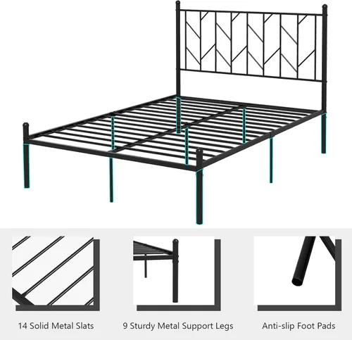 Miniatura 8 de Giantex Base de cama de metal negro con cabecera de estilo victoriano, base de cama de plataforma de 12.5 pulgadas con soporte de 14 listones
