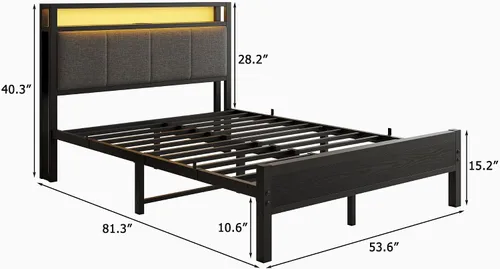 Miniatura 2 de Base de cama de tamaño matrimonial con luces LED, cabecera tapizada con estantes de almacenamiento y estación de carga, base de colchón LED