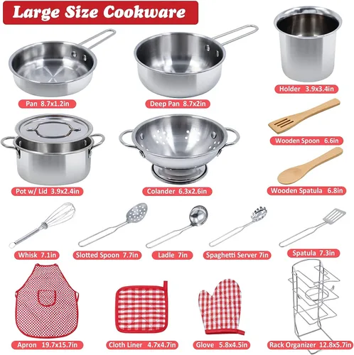 Miniatura 2 de Juego de accesorios de cocina para niños, juego de 32 artículos de ollas y sartenes de acero inoxidable con organizador de estante, utensilios