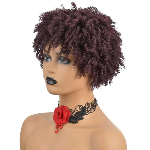 Siyi peluca corta Afro rizada para mujeres negras sintético negro resistente al calor pelucas con volumen, promedio, Negro