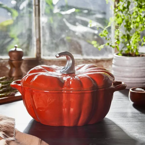 Miniatura 6 de STAUB Horno holandés de hierro fundido de 3.5 cuartos de galón de calabaza con perilla de acero inoxidable, fabricado en Francia, sirve 3-4, naranja