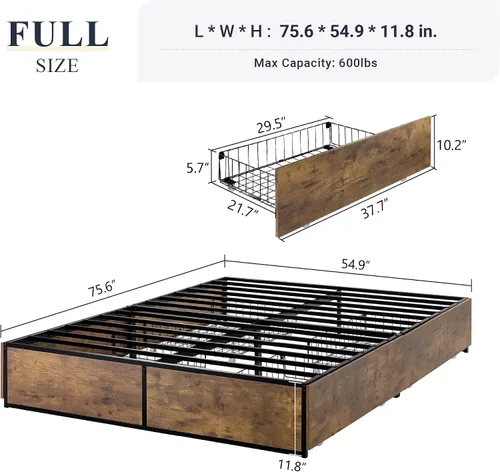 Miniatura 2 de Allewie Cama de almacenamiento industrial con cajones, plataforma de metal de madera, resistente y sin ruido, tamaño matrimonial moderno