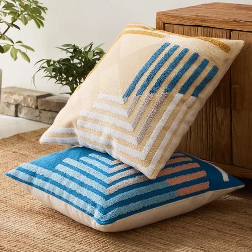 Miniatura 7 de vctops Funda decorativa para cojín con detalles de penachos geométricos estilo bohemio, funda de almohada cuadrada bordada en algodón para sofá