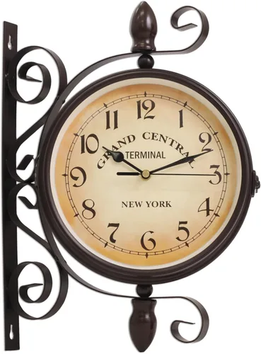 Japard Reloj de pared vintage, antiguo e industrial de doble cara, marco de hierro retro decorativo, terminal de Nueva York, montado en la pared,