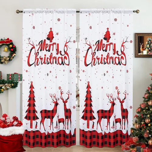 Miniatura 10 de Cortinas navideñas para sala de estar, cortina de ciervo de Navidad a rayas tartán, bolsillo para barra, cortinas decorativas para dormitorio