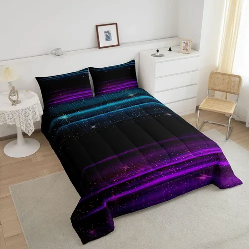 Miniatura 2 de Juego de edredón de estrellas degradadas, negro, morado, azul, rayas, acuarela, degradado, galaxia, cielo estrellado, juego de edredón tamaño Azul