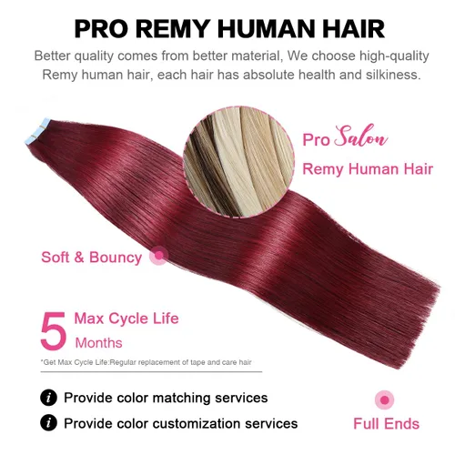 Miniatura 4 de SUYYA - Extensiones de cabello adhesivas de color borgoña; cabello humano 100 % real; extensiones de cabello adhesivas, invisibles, lacias y sin
