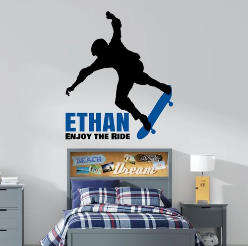 Miniatura 2 de Calcomanía de pared de patineta con nombre personalizado, silueta personalizada, decoración de patineta para decoración de dormitorio