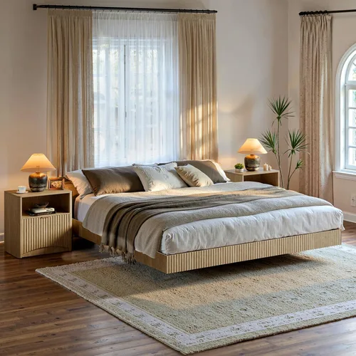 Miniatura 8 de Evermagin Mesita de noche acanalada, mesita de noche de roble natural con cajón y almacenamiento, mesa auxiliar de madera moderna de mediados
