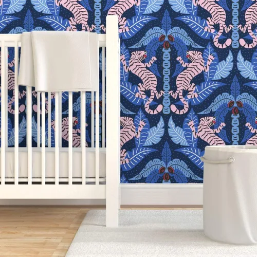 Miniatura 6 de Muestro de papel tapiz extraíble - Tiger Damask Pink Blue Jungle Tropical Papel pintado prepegado personalizado por Spoonflower