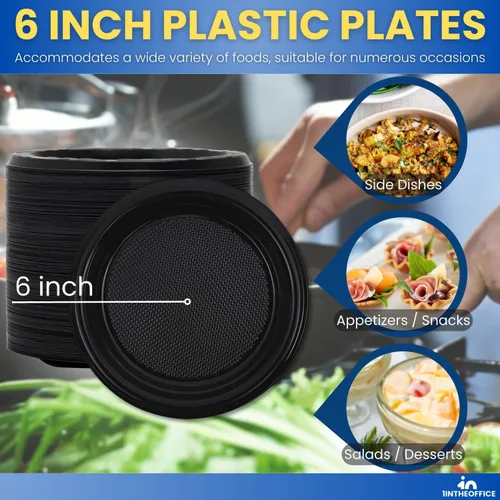 Miniatura 4 de Platos redondos de postre de plástico negro de 6 pulgadas, desechables, paquete de 125