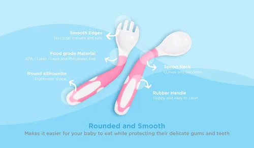 Miniatura 4 de Tenedores y cucharas flexibles para bebés y niños pequeños, juego de cubiertos para niños, 2 juegos azul/rosa, apto para encías, 2 cucharas y 2