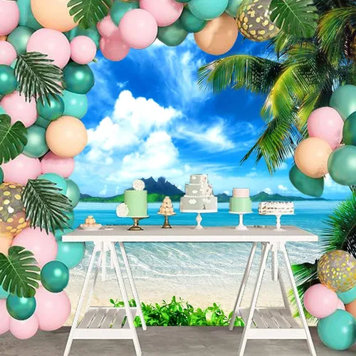 Miniatura 3 de Fondo de Fotografía Tropical Hawaiano Playa Palmera Cielo Azul y Nubes Blancas Decoración de Fiesta de Boda Telón de Fondo de Fotografía 5x3 pies