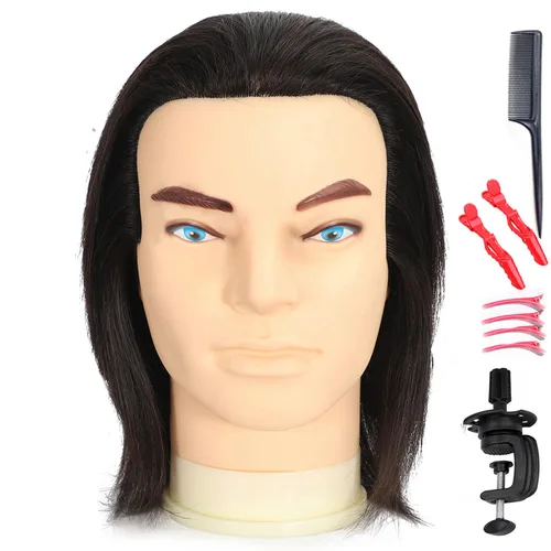 Miniatura 8 de Cabeza de maniquí masculino con barba, 100% cabello humano real, corte de pelo, cabeza de entrenamiento para cosmetología, cabello liso y grueso