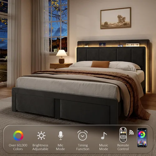 Miniatura 5 de Base de cama de almacenamiento de tamaño matrimonial, cama de plataforma tapizada con 2 cajones, cabecera de canal vertical de terciopelo con luces