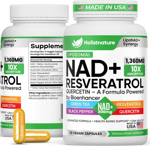 Suplemento NAD+, 1,360 mg de fuerza máxima liposomal | Resveratrol, quercetina, té verde | Energía celular y envejecimiento saludable para hombres y