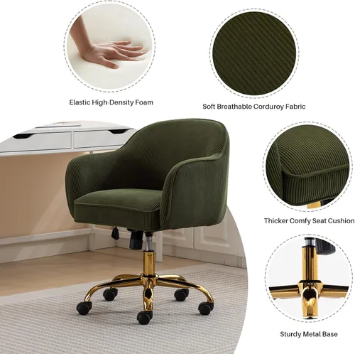 Miniatura 6 de Silla de Escritorio para Oficina en Casa con Brazos Ruedas Doradas Silla de Computadora Rodante Tapizada en Terciopelo Moderno de Respaldo Medio