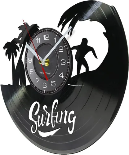 Miniatura 2 de Reloj de pared de disco de vinilo de 12 pulgadas, hecho de corte láser, tabla de surf, palma de coco, verano, deportes marinos, reloj de pared