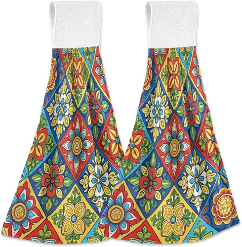2 toallas de mano colgantes suaves y absorbentes con patrón de talavera mexicana para cocina y baño