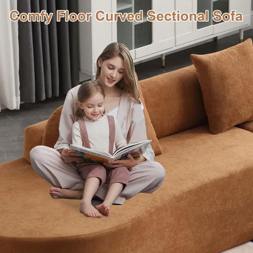 Miniatura 4 de Sofá modular curvado de 130.5 pulgadas para sala de estar, sofá de espuma sin hueso de 4 plazas con 3 almohadas, sofás de compresión para Marrón
