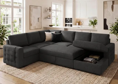 Miniatura 17 de HONBAY Sofá seccional con cama extraíble, sofá cama seccional con almacenamiento, sofás en forma de U para sala de estar, terciopelo beige