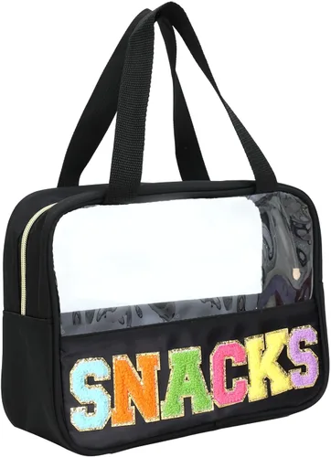 Bolsa transparente de felpilla con parches de letras, bolsa de maquillaje transparente de PVC y nailon multiusos con asas, bolsa grande de