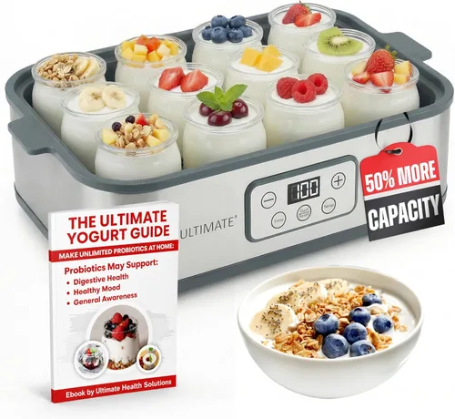 Ultimate Probiotic Yogurt Maker XL, control de tiempo y temperatura ajustable, 50% más de capacidad con 12 frascos de yogur de 6 onzas, hace