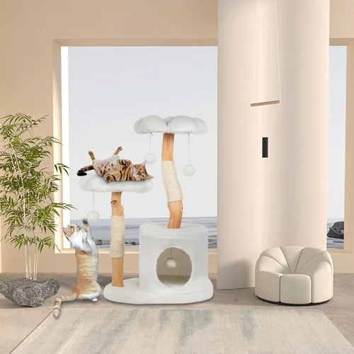 Miniatura 2 de Bonita torre de árbol para gatos de interior y adultos, árboles de madera con 6 pompones, moderna torre de árbol para gatos con poste rascador