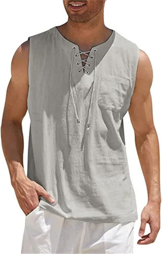 DOUHEN Los hombres con cordones en la parte delantera Tank Top Primavera y Verano Tops Casual Deportes Sin Mangas Top Algodón Chaleco Sólido Fitness