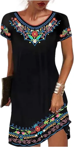 Esopkuu Vestido de verano con estampado vintage bordado para mujer, para uso diario, casual, cómodo, bordado de manga corta acampanada