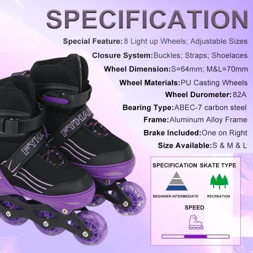 Miniatura 5 de Patines en línea ajustables para niños, niñas y niños, color morado y negro, todas las ruedas iluminan patines para niños principiantes al aire