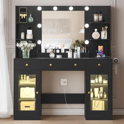 Miniatura 13 de HUANLEGO Escritorio de tocador con espejo y luces, tocador de maquillaje con espejo y luces LED y toma de corriente, 3 cajones y armarios, 3 modos