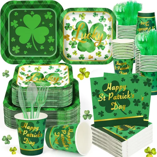 Juego de vajilla de 200 piezas para fiesta del Día de San Patricio, juego de vajilla de trébol verde para 25 invitados, a cuadros, trébol de la